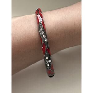 Red Enamel Hinged Bangle Bracelet Gunmetal Tone Rhinestone Accent